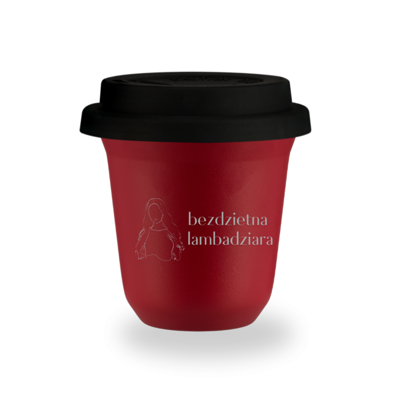 Kubek 150 ml CZERWONY "Bezdzietna labadziara", z pokrywką czarną